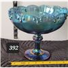 Image 1 : Mid century iridescent blue carnival glass stemmed bowl.