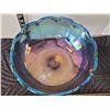 Image 2 : Mid century iridescent blue carnival glass stemmed bowl.