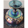 Image 5 : Mid century iridescent blue carnival glass stemmed bowl.