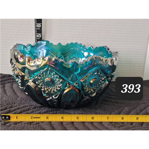 Mid century iridescent blue carnival glass bowl.