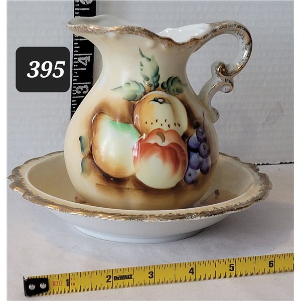 Vintage small bowl & pitcher depicting fruit. Made in Japan.