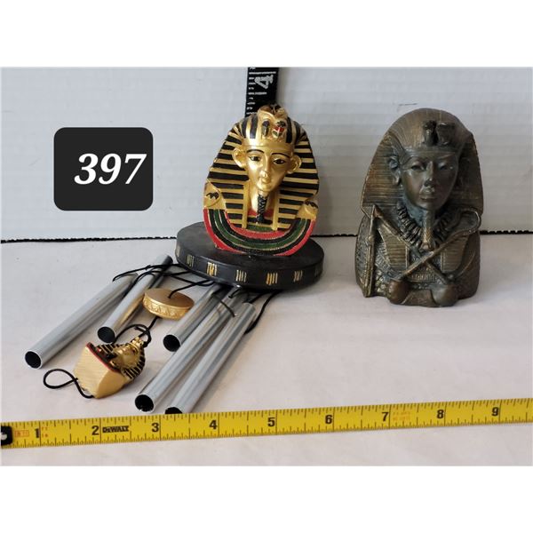 Egyptian pharaoh King Tut bust, bronze look figurine & wind chime