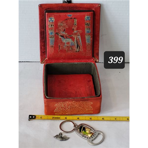 Vintage Camel leather Egyptian Pharaoh King Tut trinket Box with key chain & sphinx magnet.
