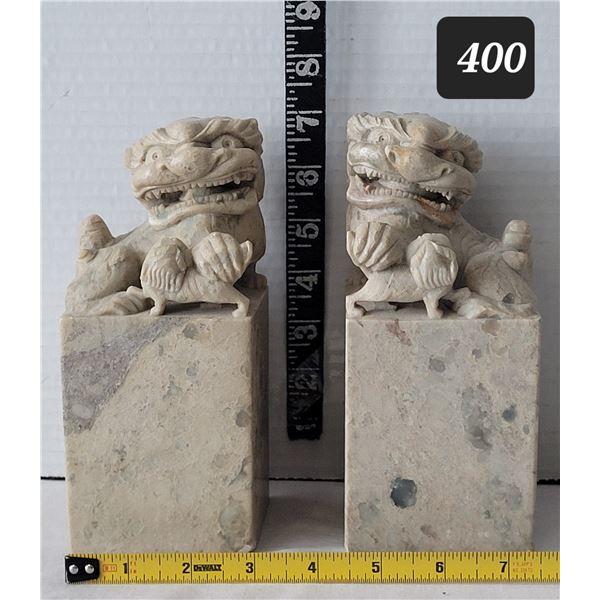 Mid century Chinese soapstone Foo Dog bookends.Represents Yin,Yang, protection & strength. Carved gr