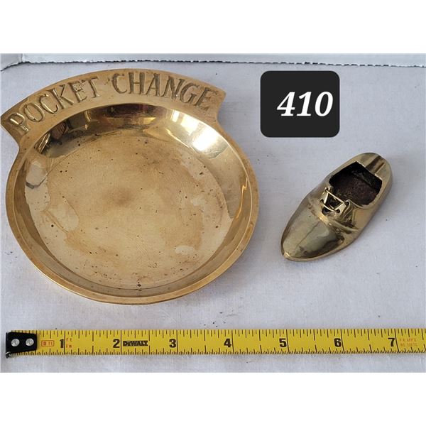 Vtg. Solid small brass shoe ashtray & pocket change dish.