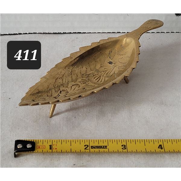 Mid century etched brass leaf bowl with legs. India