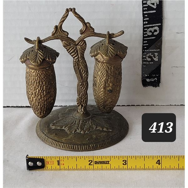 Rare antique 1895-1910 bronze female carrying baskets. Salt & pepper shakers. European tableware.