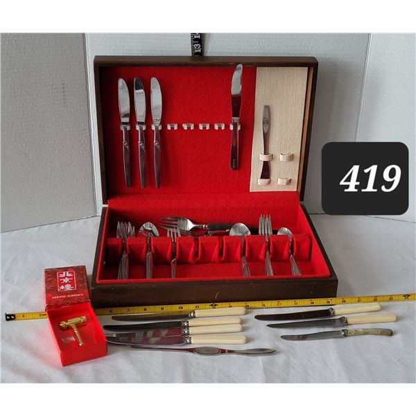 Vtg. Flatware. Chicken mallet, lobster fork, case. CSC/SCC (Correctional Service Canada)