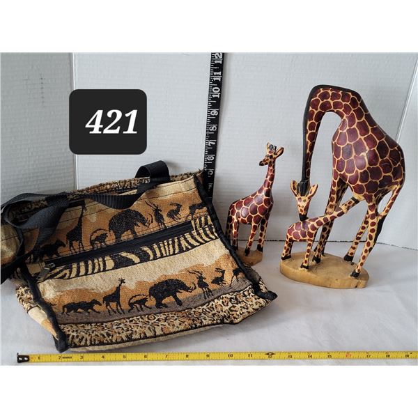 Hand carved & painted wooden Giraffe figures & african tote.