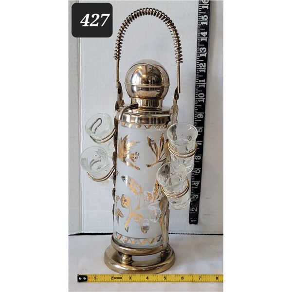 Mid century frosted, gold leaf, pump action liquor service & 4 shot glasses.