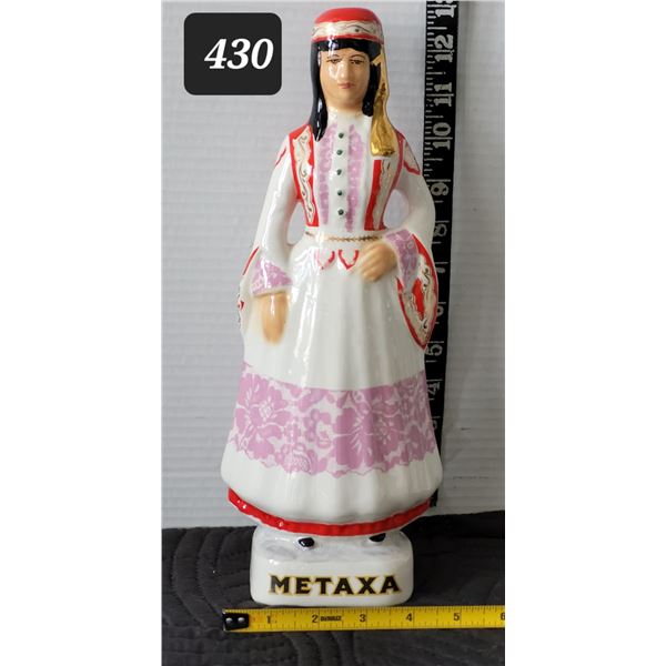 1960's Greek vintage collectible Metaxa Ouzo porcelain liquor decanter. Hand painted female.