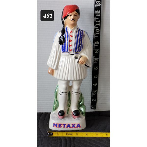 Vtg. 1960's, hand painted male Metaxa porcelain ouzo bottle. Made in Greece.