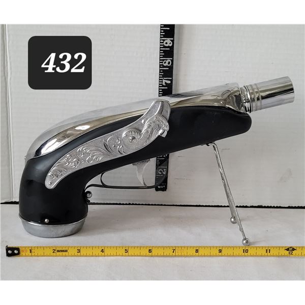 Vintage 1960-'70's Blunderbuss pistol shaped musical bourbon decanter. Chrome intricate scroll work.