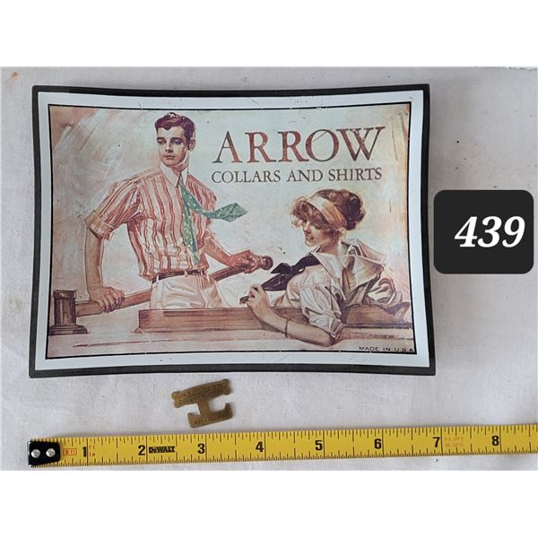 Arrow Collars & shirts small advertising porcelain tray. (USA)  Antique Holdfast collar button