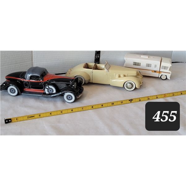 Early 1980's collectable Avon cars. 1932 Auburn, 1937 Cord & Winnebago. Handcrafted in Brazil
