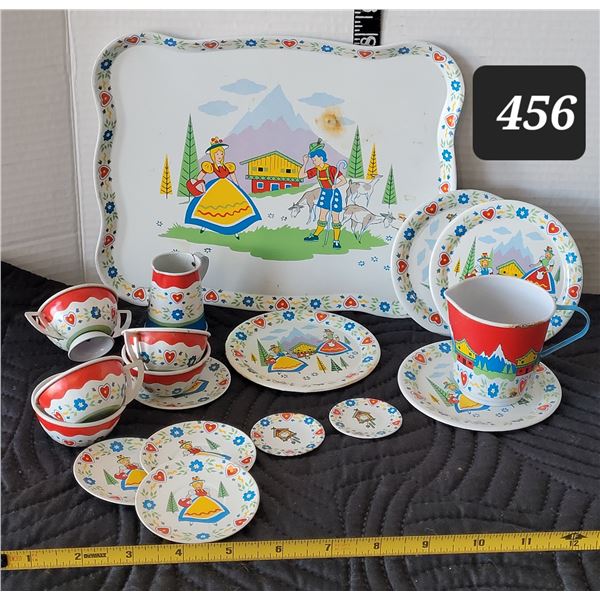 1950's Swiss Miss tin litho toy tea set. Ohio Art Co.