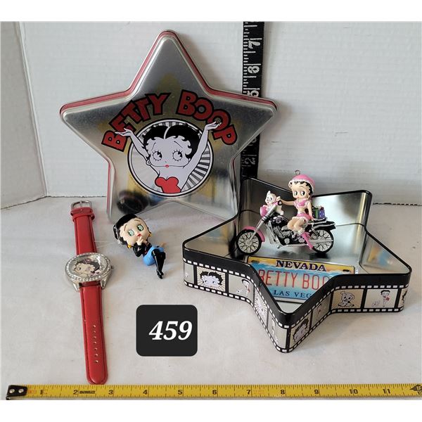 Motion picture star tin with Betty Boop watch, license plate & biker ornaments.
