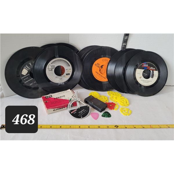 10 vtg. 45Rpm record, guitar picks, record centers & stylus.
