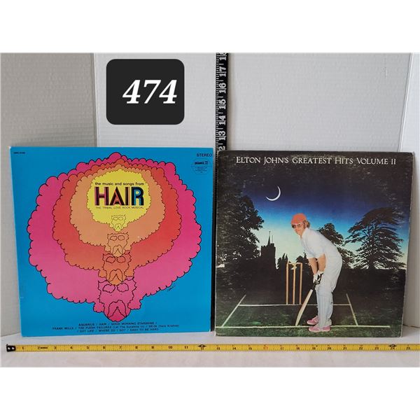 Vtg. LP records. Elton John & Hair.