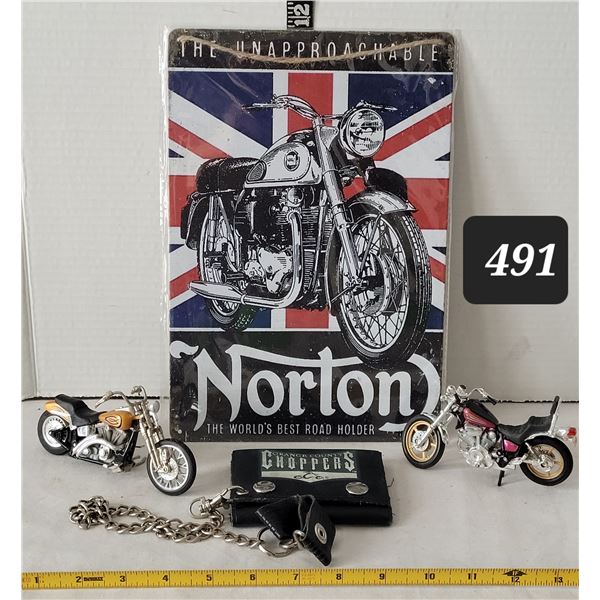 Miniature motor bikes, tin sign & Orange County Chopper chained belt wallet.