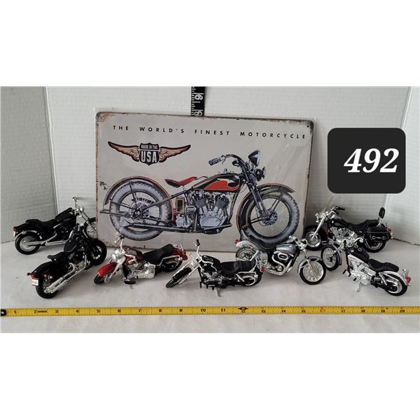 Harley Davidson miniature motor bikes & tin sign.