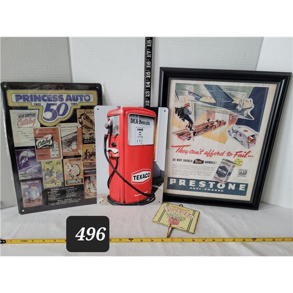 1940 framed Preston Antifreeze advertisement. Texaco & other tin signs.