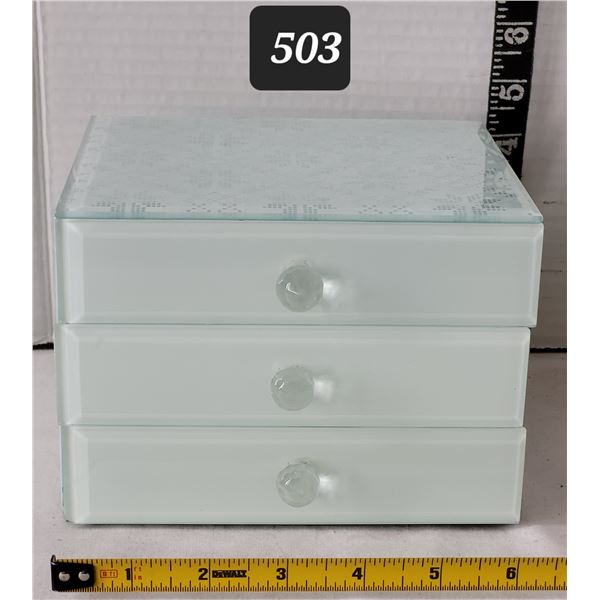 Heavy glass 3 drawer jewelry storage box & contents.