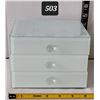 Image 1 : Heavy glass 3 drawer jewelry storage box & contents.