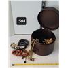 Image 1 : Padded round storage box & contents.Includes goldstone bracelets.