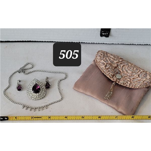 Amethyst rhinestone pin & matching earrings plus neck chain all in soft pouch.