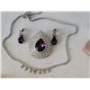 Image 2 : Amethyst rhinestone pin & matching earrings plus neck chain all in soft pouch.