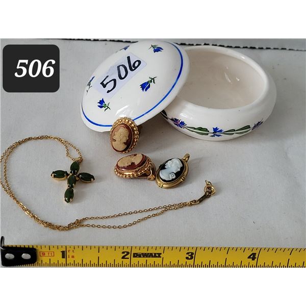 Vintage Cameo earrings, pendant. Gold filled Jade cross & chain in small trinket dish.