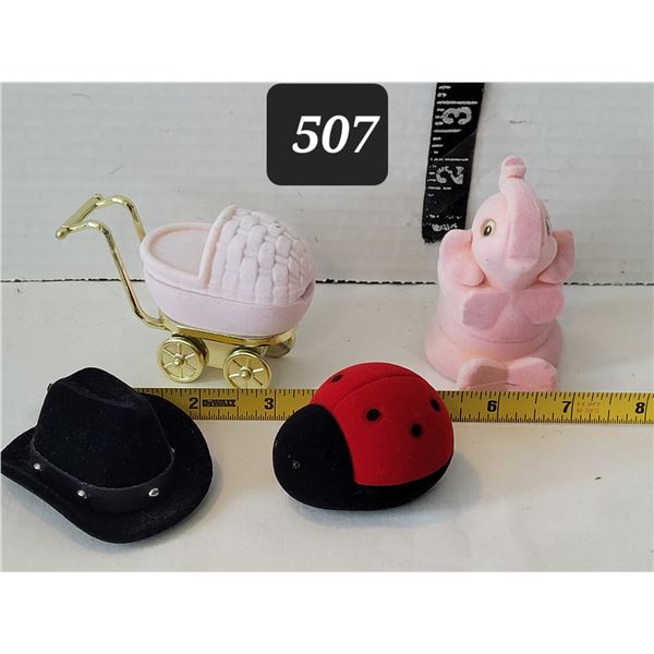 Unique gift boxes. Western hat & Lady bug ring boxes. Carriage & elephant each with chain & pendant.
