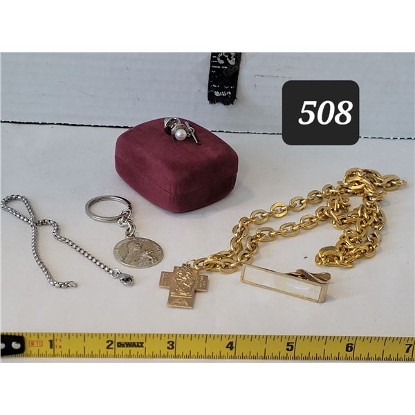 St. Christopher/ mother mary charm on chain, tie pin, Mother of pearl tie clip, mother Teresia key c