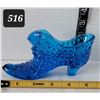 Image 1 : Vtg. Fenton art glass, cobalt blue, hobnail cat head slipper/ shoe.
