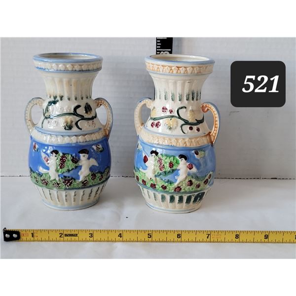 Vtg. Japanese Majolica vases. Porcelain, hand painted with raised angels & patterns.
