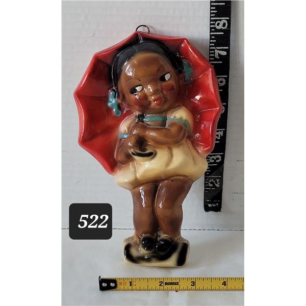 1940's-'50's Black Americana chalkware, girl with umbrella wall plaque.