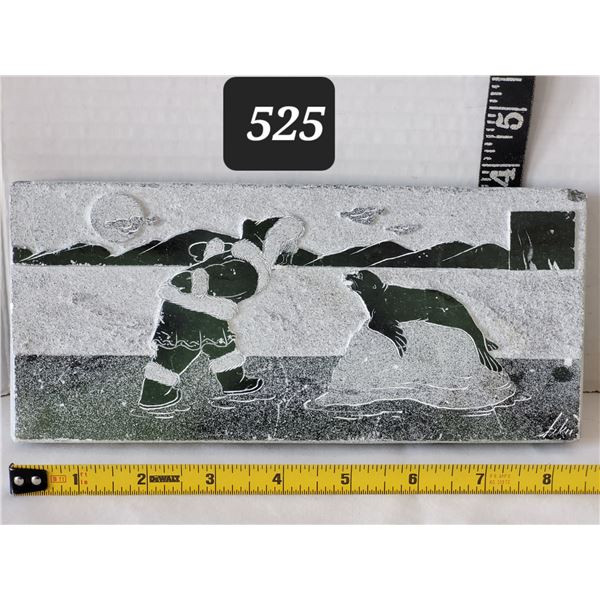 1980's Inuit grey soapstone carved tile. Signed Siku.