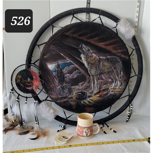 First nation dream catcher. Wolf painted on velvet. Pottery mug hand made by Siksika nation.