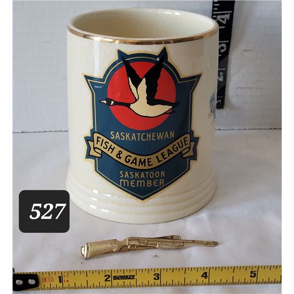 Early century Anson pump action shotgun tie clip. Sask. Vtg. Lord Nelson Ware Fish & Games mug.