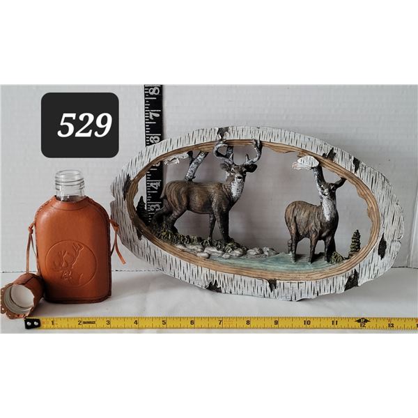 Leather covered flask, stamped with buck head & snowflake. Resin Deer art.