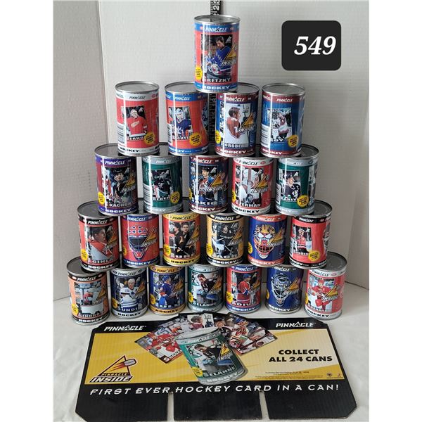Pinnacle advertising board with 24 empty cans Hockey teams & player cans.