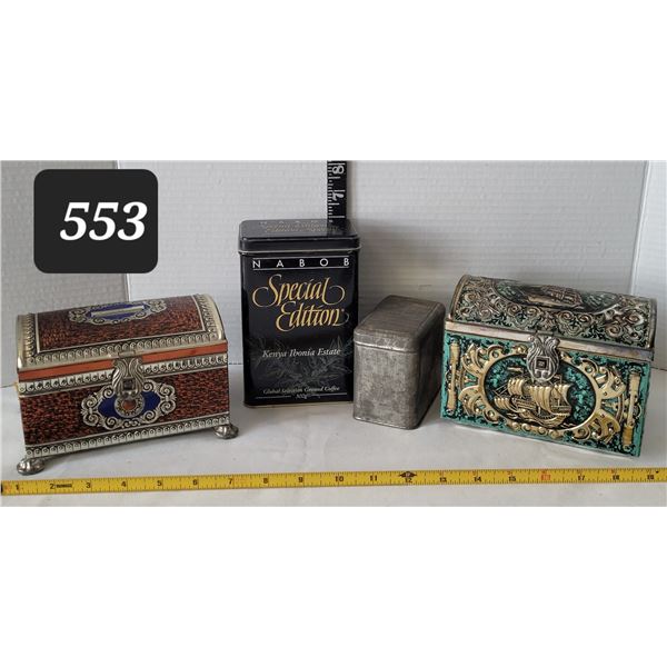 Vtg. Tins. Includes & Blue Bird Confectionary Litho Tin bank (England) & confectionary Ship Tin.