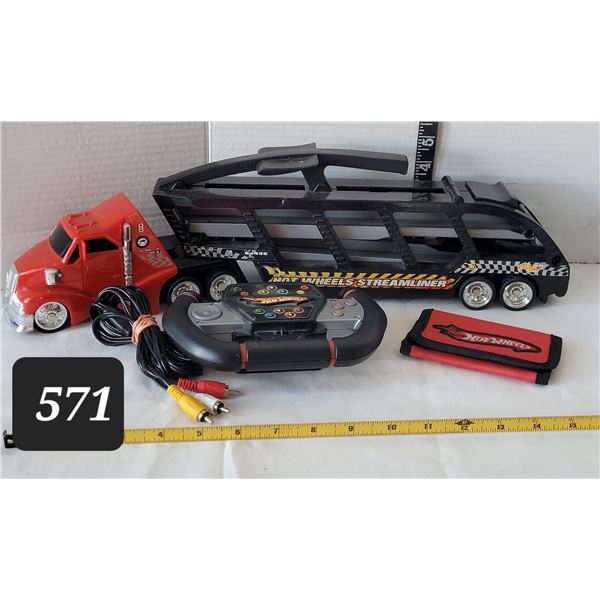 Hot Wheels items. Semi trailer for cars, Video game remote & wallet.