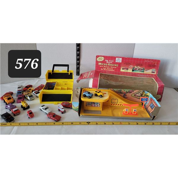 Micro car garage, Micro machines box with assortment of micro cars.