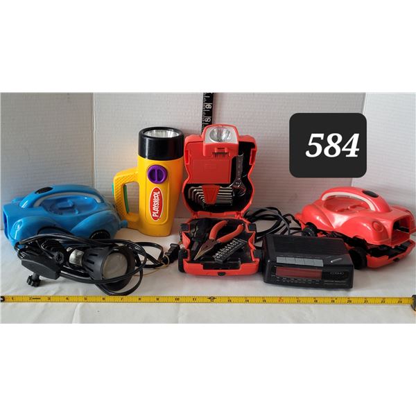 Car flashlight car tool kits.(1 complete), clock radio & clamp light.As is