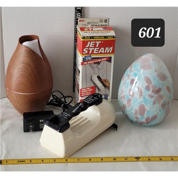 Room freshener, travel iron, & glass egg lamp.