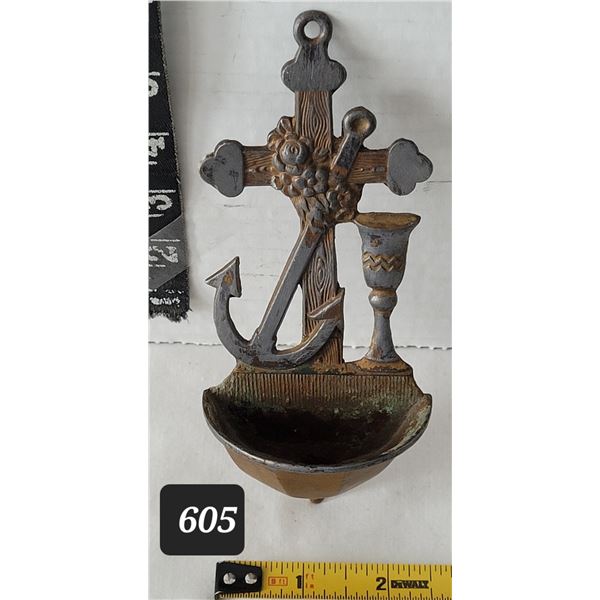 Vintage Christian Holy water stoup. Metal, wall mounted, cross, anchor & chalice. Made in Japan.