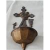 Image 2 : Vintage Christian Holy water stoup. Metal, wall mounted, cross, anchor & chalice. Made in Japan.
