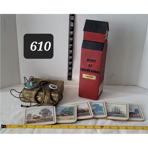 Spirit of Saskatchewan elevator whisky bottle. Prairie motif box, coasters plus western Bolo tie & p